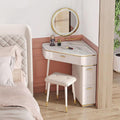 UPGENT Corner Dressing Table with Lighted Mirror, Vanity Makeup Table with Drawers, Cabinet and Cushioned Stool, Girls Vanity Desk for Bathroom, Bedroom (White) (Size : 60CM)