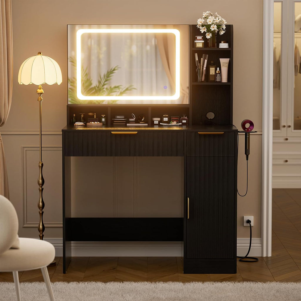 Cyclysio Fluted Vanity Desk with Mirror and Lights, Wood Makeup Vanity Desk with Power Strips, Modern Dressing Table with Drawers & Cabinet for Bedroom, Black