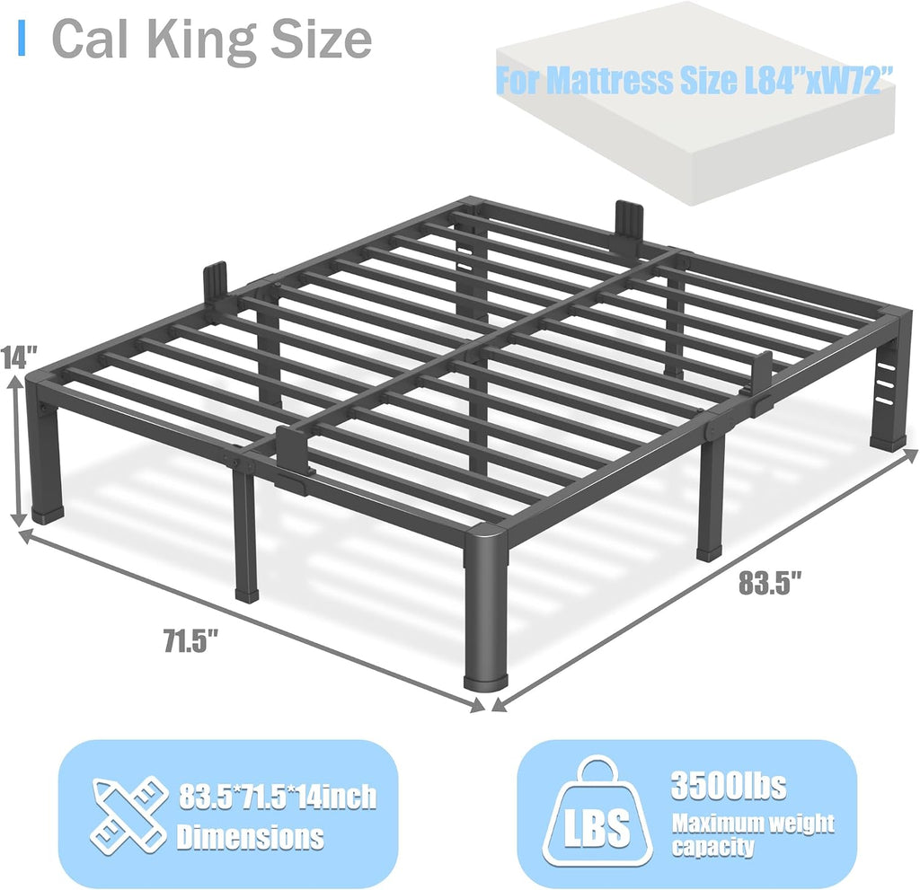 14 inch California King Bed Frame with Round Corner Legs and Headboard Hole Mattress Slide Stopper 3500 lbs Heavy Duty Metal Platform,Steel Slat Support,No Box Spring Needed,Easy Assembly,Noise Free