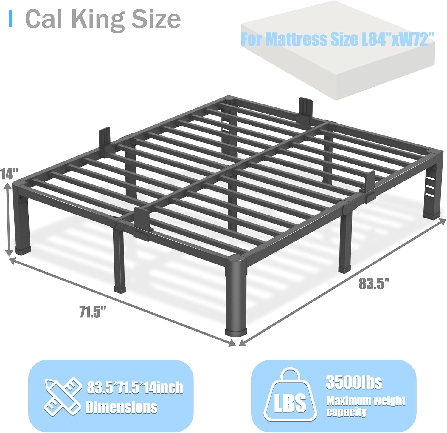 14 inch California King Bed Frame with Round Corner Legs and Headboard Hole Mattress Slide Stopper 3500 lbs Heavy Duty Metal Platform,Steel Slat Support,No Box Spring Needed,Easy Assembly,Noise Free