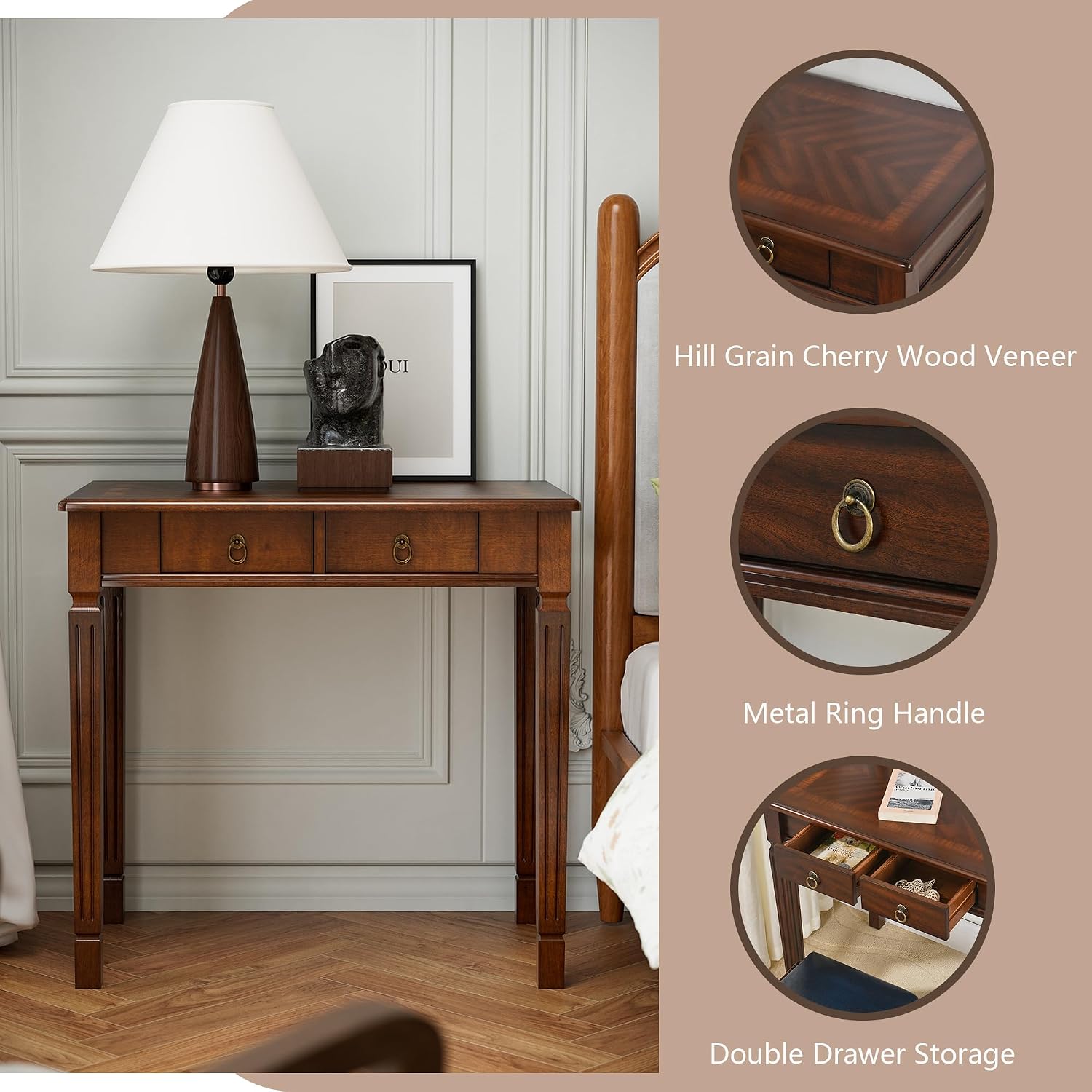 Solid Wood Makeup Vanity Table Set, 31.5' Wide Dressing Vanity Table with 2 Drawers and Vanity Bench Stool Writing Desk with Solid Wood Legs & Button Tufted Cushioned Stool, Cherry&Beige