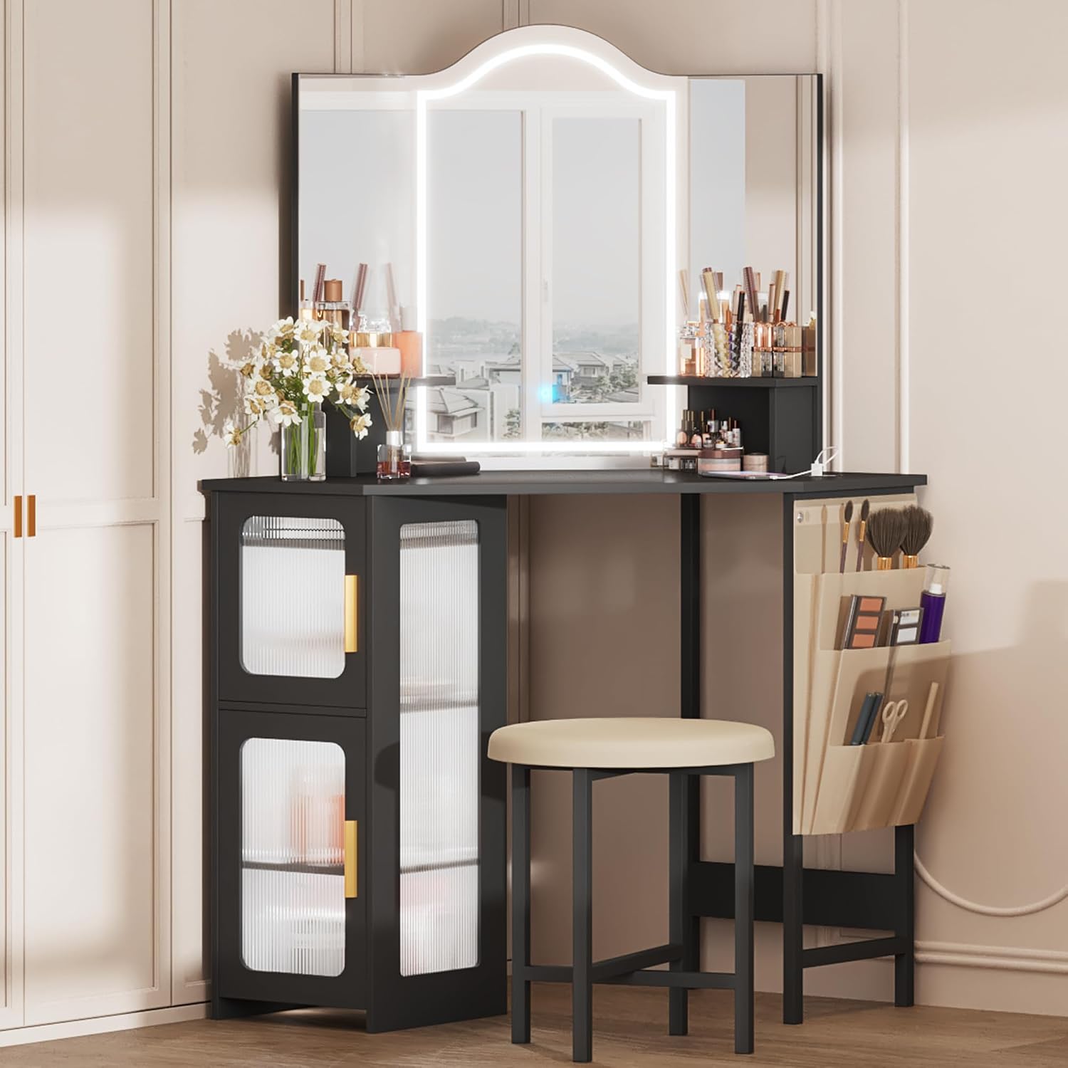 LVSOMT Corner Vanity Desk with Mirror and Lights, Makeup Vanity with Charging Station, Dressing Table with 3 Lighting Options, Vanity Set with Stool, Women's Vanity for Bedroom, Black