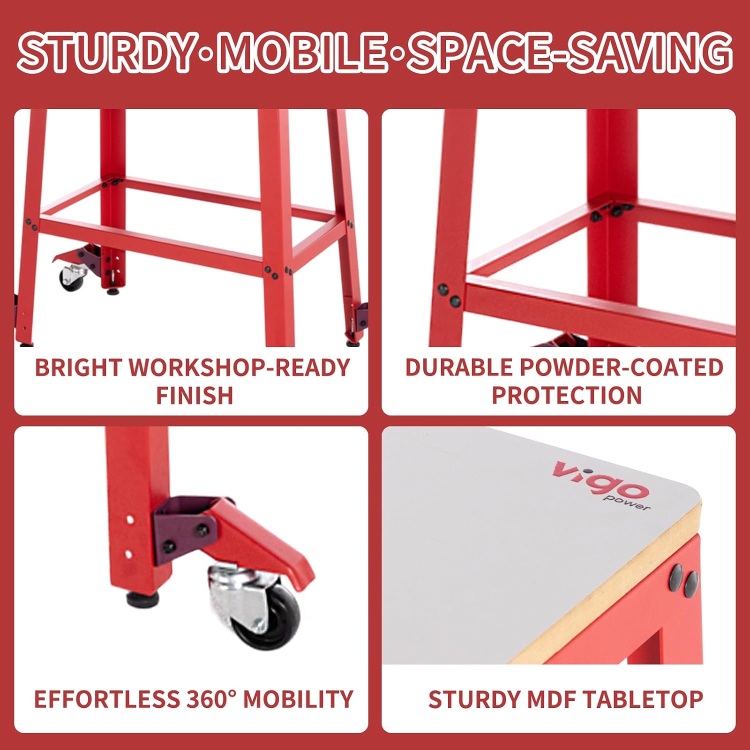 Universal Tool Stand with Wheels, Drill Press, Miter Saw, Band Saw, Scroll Saw, Planer, Sander & Bench Grinder Stand, 700 lbs Heavy Duty Mobile Base, 26'x14' MDF Top, Rubber Casters