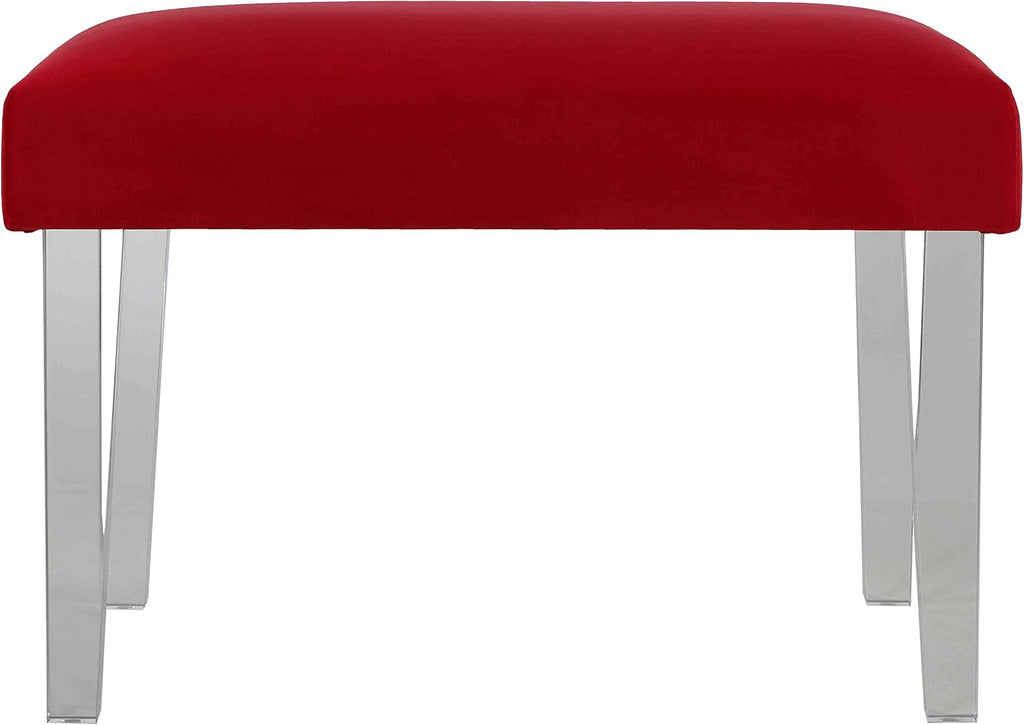 Cortesi Home Whitecrest Bench Ottoman with Clear Acrylic Legs 24' Wide Red Velvet