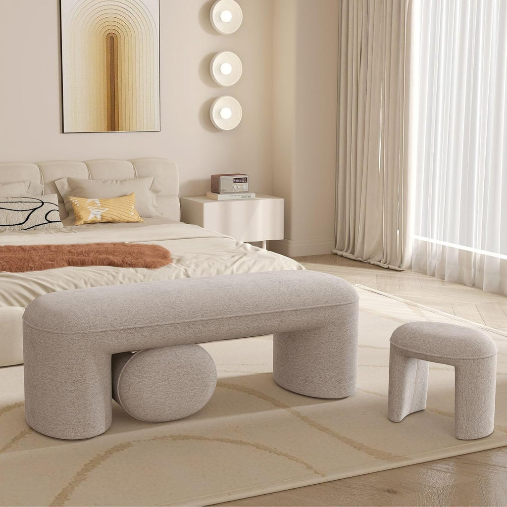 53' Upholstered End of Bed Bench with 2 Nesting Ottoman Stools, Modern Chenille Bedroom Bench for King/Queen Bed, Arched Vanity Entryway Bench Seat for Living Room, Oatmeal