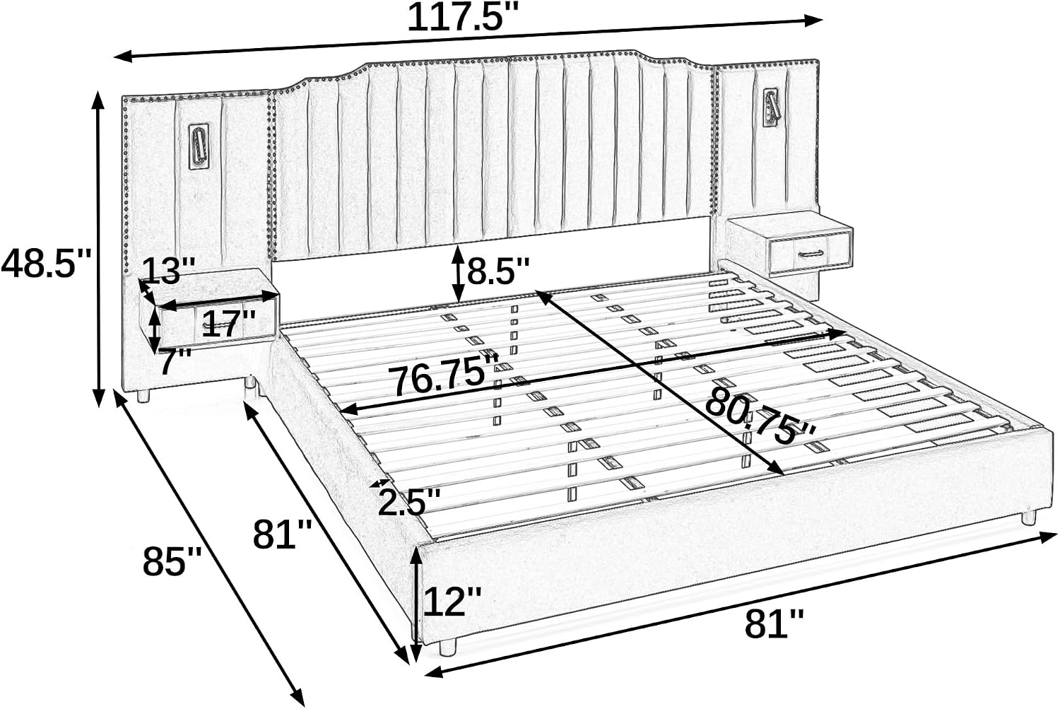 Velvet Upholstered King Size Platform Bed Frame with 48' Tall Headboard, Built-in Nightstands & Storage Drawers, No Box Spring Needed, Modern Gray Bedroom Furniture Set (Gray, King)