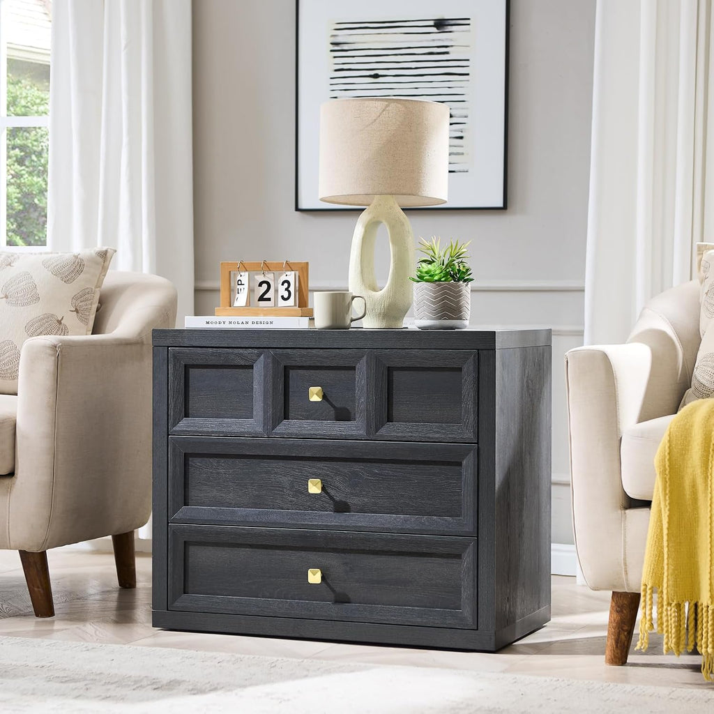 3 Drawers Nightstand W/Charging Station, 30.7' W King Size Bedside Table with 3 Drawers, Accent End Table W/Large Storage, Modern Wood Side Table for Bedroom,Office (1Piece, Gray Black)