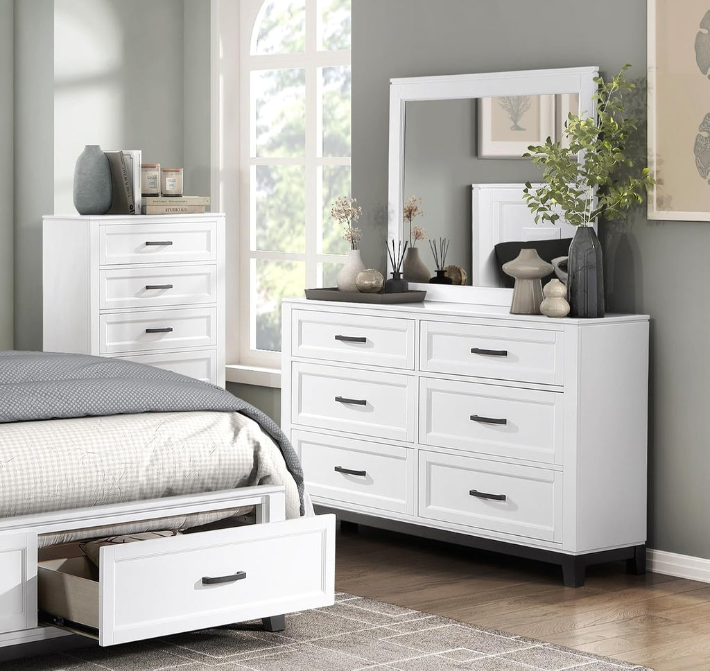 Transitional Bedroom California King Size 4-Pieces Set Platform Bed Footboard Drawers White Finish Furniture