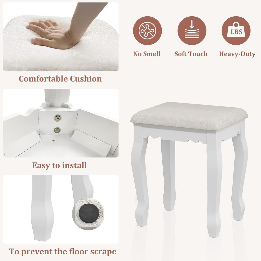 Whalefall Vanity Desk with LED Lighted Mirror & 4 Drawers, Makeup Vanity Table with Cushion Stool, 3 Color Modes & Adjustable Brightness Dressing Table, for Bedroom, White
