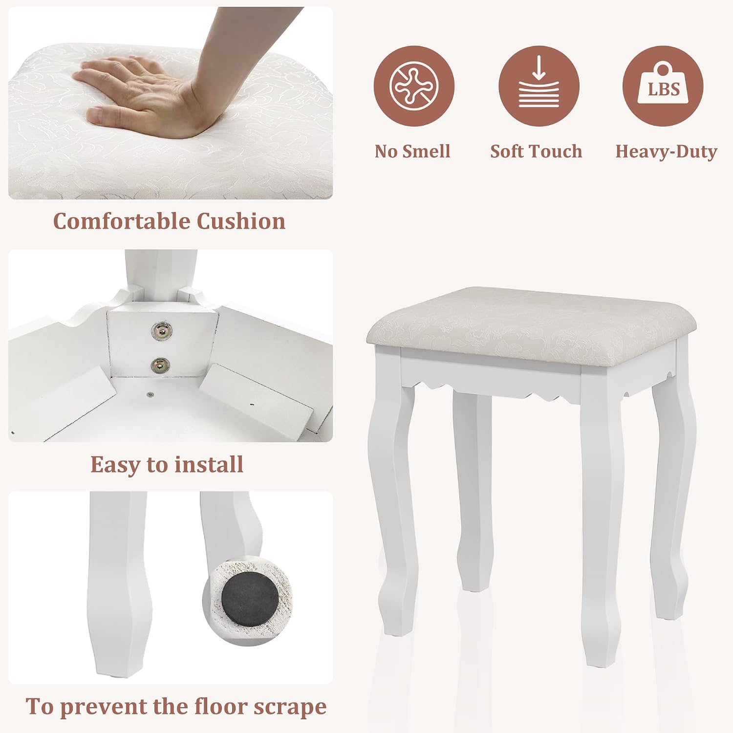 Whalefall Vanity Desk with LED Lighted Mirror & 4 Drawers, Makeup Vanity Table with Cushion Stool, 3 Color Modes & Adjustable Brightness Dressing Table, for Bedroom, White