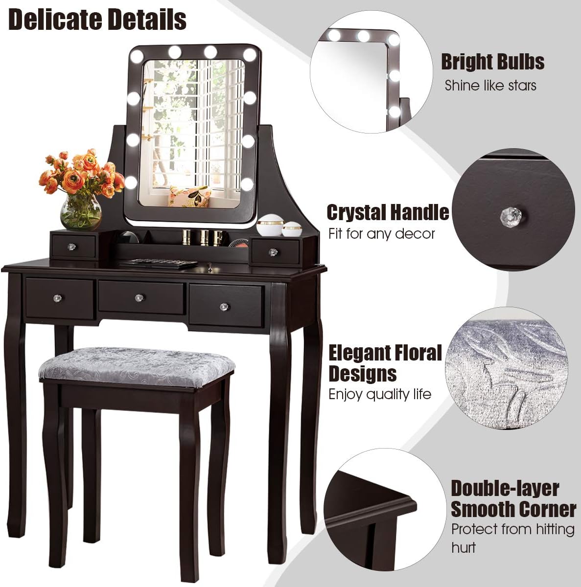 DORTALA Vanity Table Set w/ 360-Degree Rectangular Mirror & Cushioned Stool, Makeup Table w/ 10 LED Dimmable Bulbs, Bedroom Wood Dressing Table w/ 5 Drawers & Removable Box Organizer, Brown