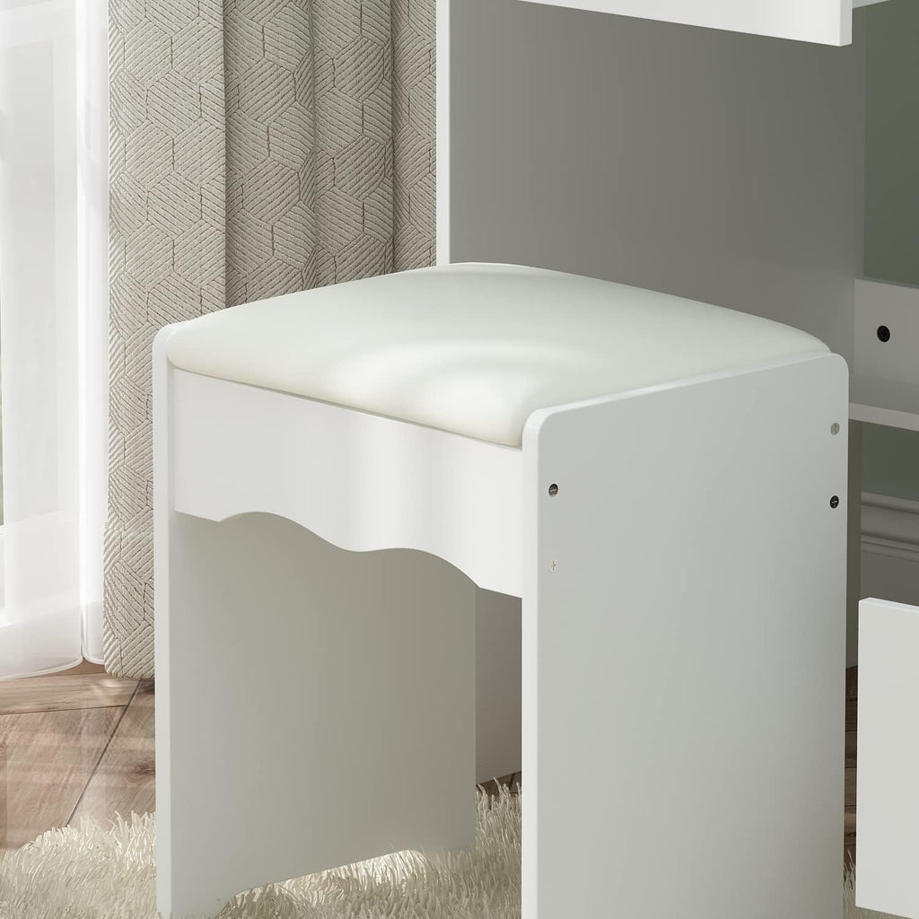 Homsee Vanity Desk Set Makeup Table with Large Sliding Lighted Mirror, Power Strip & Hair Dryer Holder, Modern Dressing Table with Drawers, Storage Shelves & Stool for Bedroom, White