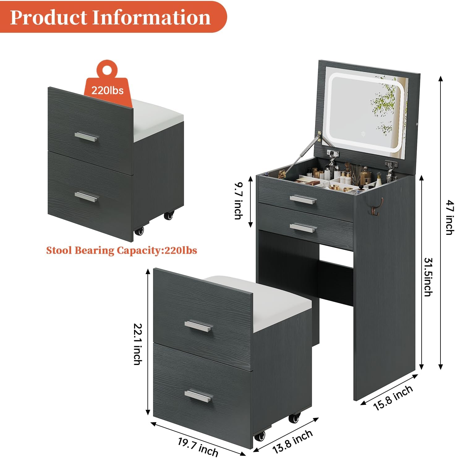 Compact Vanity with 3 Drawers, 3 in 1 Vanity Desk, Makeup Desk with Flip-up 3 Colors Lighting Mirror and Cushioned Stool, Small Vanities Nightstand Perfect for Bedroom, Gray