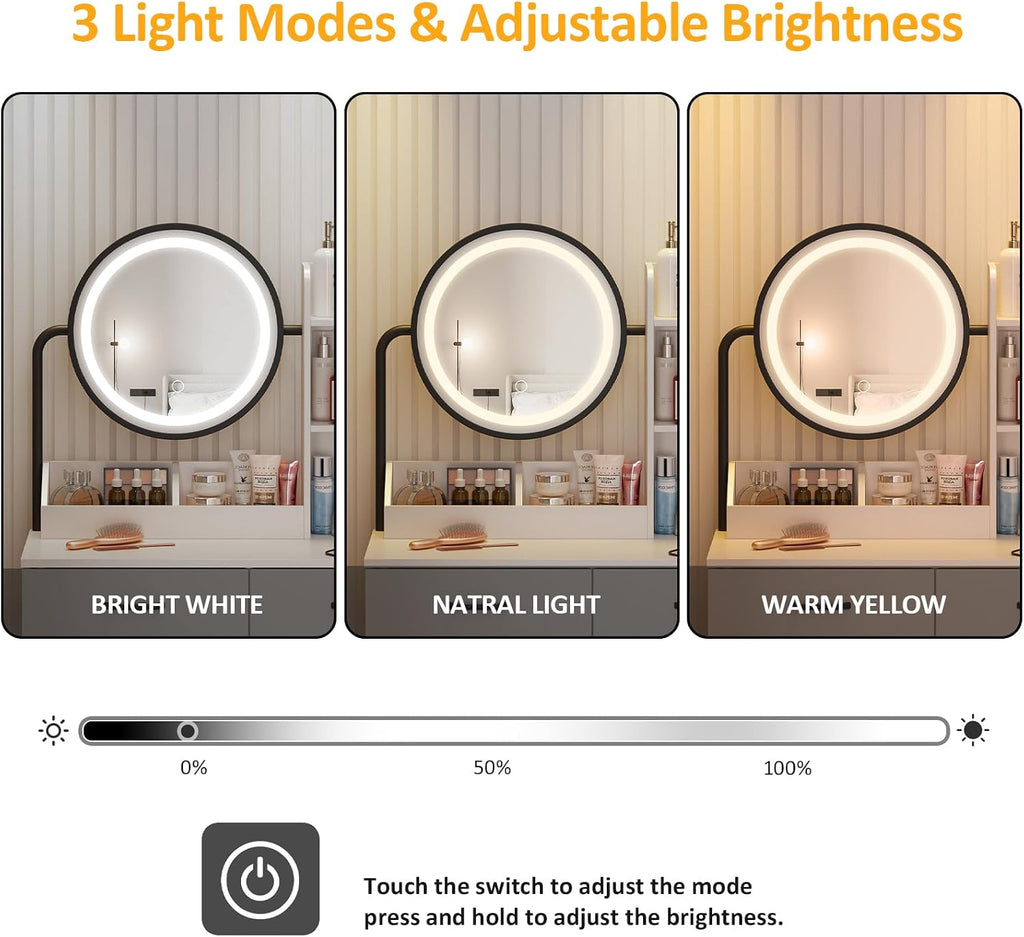 Vabches Makeup Vanity with Round Mirror and Lights, White Vanity Makeup Table with Charging Station, Small Vanity Table for Bedroom, 3 Lighting Modes, 31.5in(L)