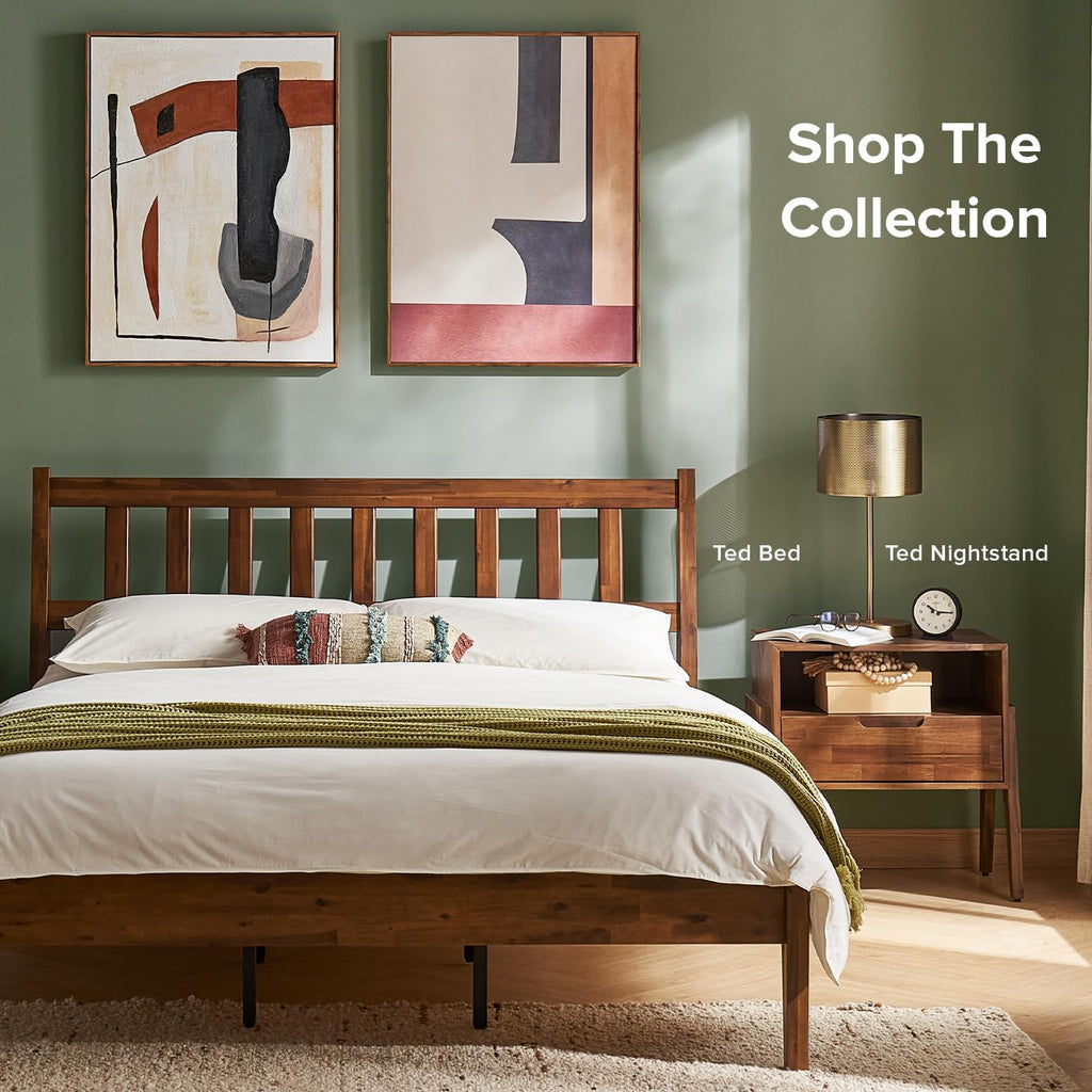 mopio Ted Bed Frame with Headboard, Mid Century Modern Acacia Solid Wood Platform Bed Frame, Wooden Slats, No Box Spring, Double Metal Bar Support (Solid Wood, King (U.S. Standard))