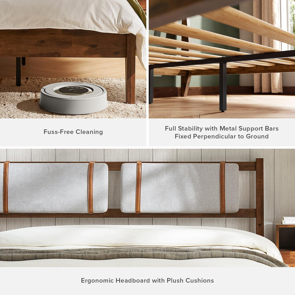 mopio Ted Bed Frame with Headboard, Mid Century Modern Acacia Solid Wood Platform Bed Frame, Wooden Slats, No Box Spring, Double Metal Bar Support (Solid Wood Upholstered, King (U.S. Standard))