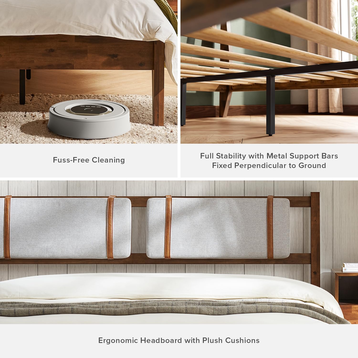 mopio Ted Bed Frame with Headboard, Mid Century Modern Acacia Solid Wood Platform Bed Frame, Wooden Slats, No Box Spring, Double Metal Bar Support (Solid Wood Upholstered, King (U.S. Standard))