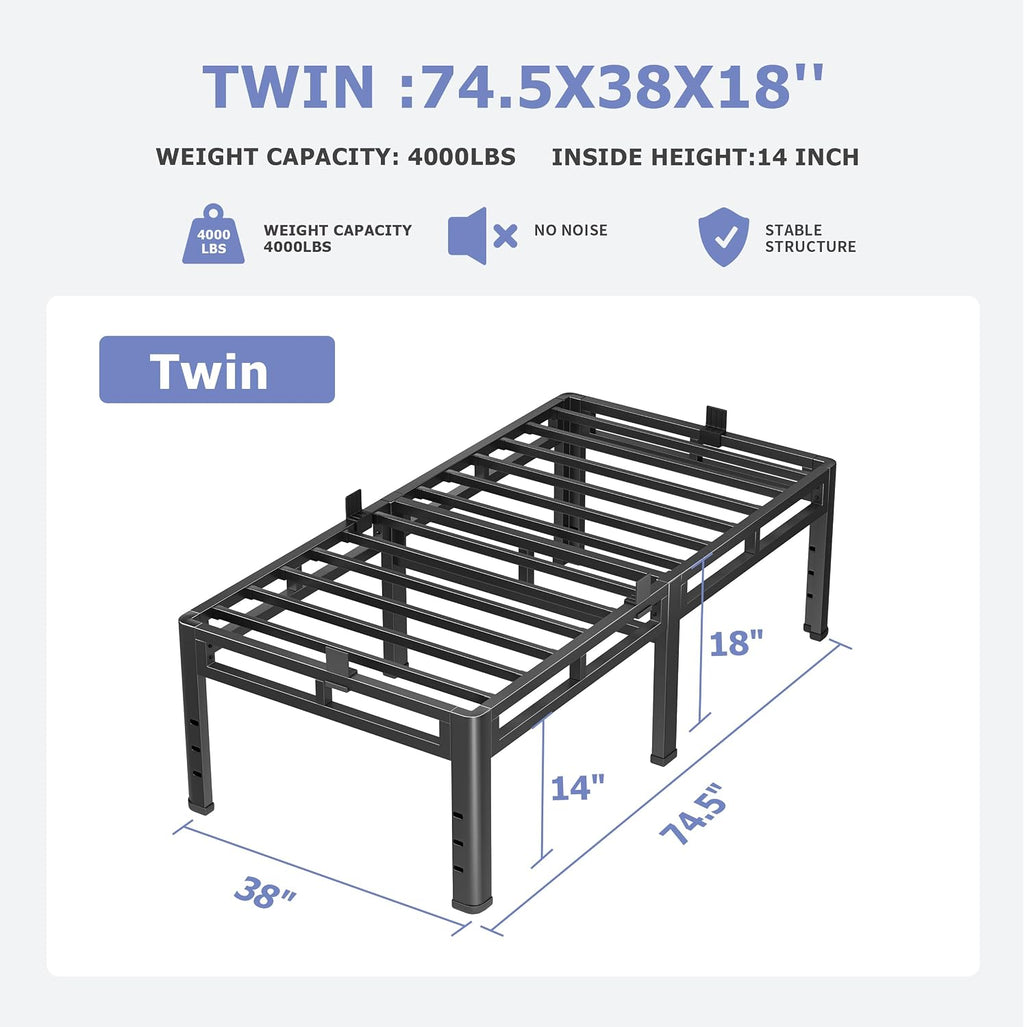 NKZ 18 Inch Twin Size Bed Frame, Metal Bed Frame & Box Spring 2 in 1 Platform with Round Corner Legs, 4000Lbs Heavy Duty Metal Frame, Mattress Slide Stopper, Headboard Hole, Noise-Free, Easy Assembly