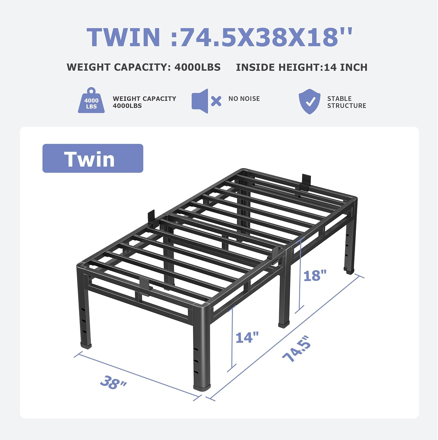 NKZ 18 Inch Twin Size Bed Frame, Metal Bed Frame & Box Spring 2 in 1 Platform with Round Corner Legs, 4000Lbs Heavy Duty Metal Frame, Mattress Slide Stopper, Headboard Hole, Noise-Free, Easy Assembly