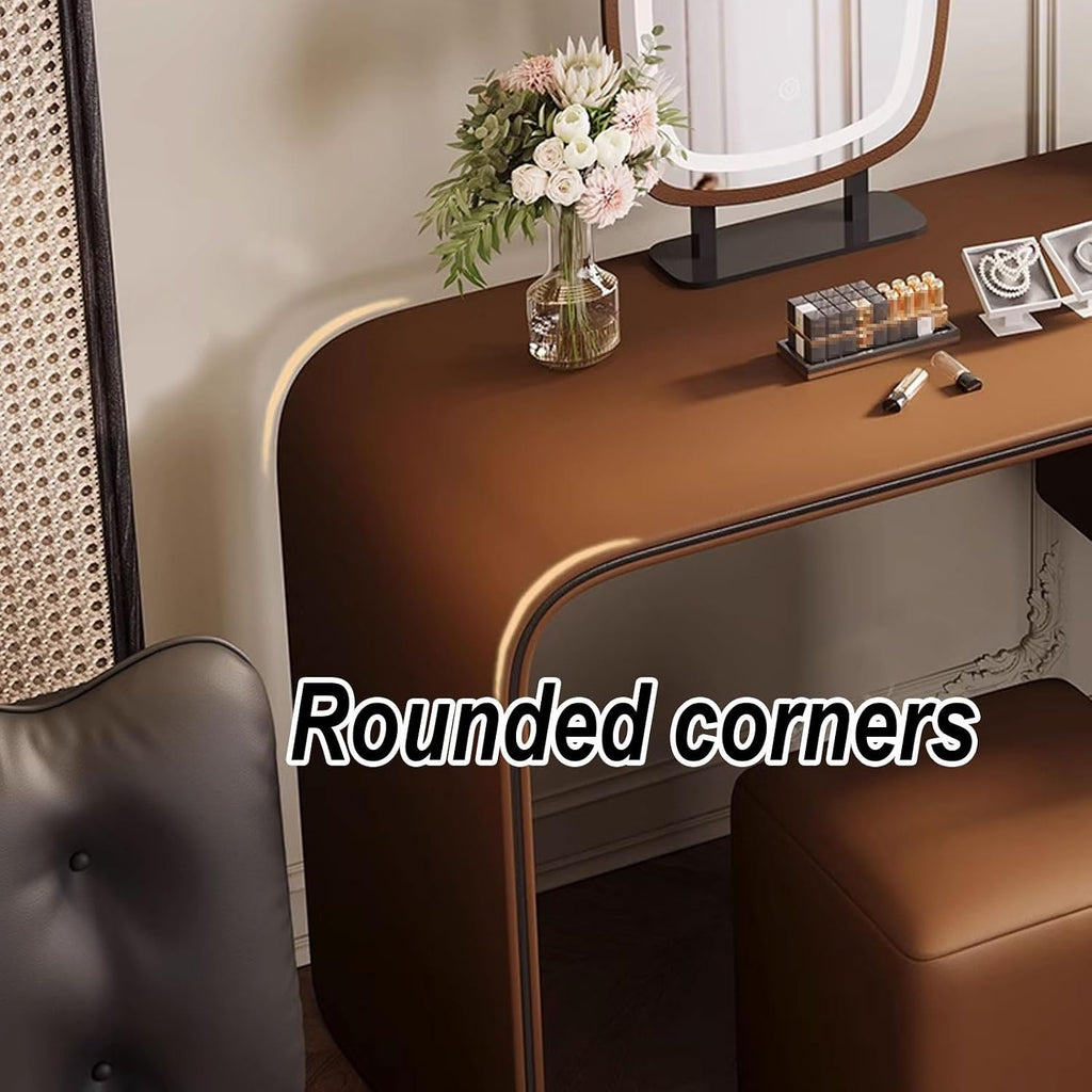 Makeup Table with Lighted Mirror and Chair Mirror 3 Colors Modes Dimming Rounded Corners Telescopic Adjustment Wood Vanity with Cushioned Stool(White)