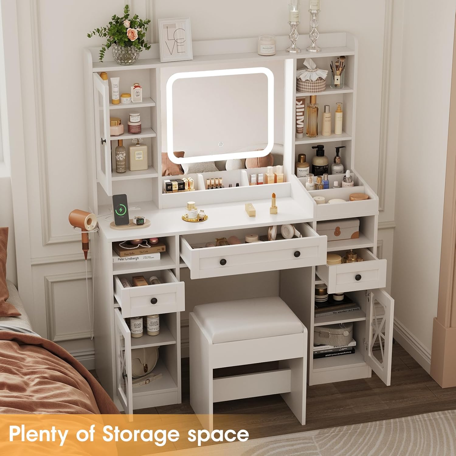 44.5' W Large Vanity Desk with Mirror,Cushioned Stool Makeup Vanity Table Set with Adjustable LED Lights and Power Outlet,Storage Drawers,Shelves for Bedroom Dressing Room White