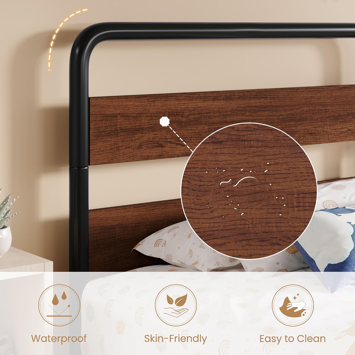 SHA CERLIN Twin Size Metal Bed Frame with Wooden Headboard and Footboard, Heavy Duty Oval-Shaped Platform Bed Frame with 10' Under-Bed Storage, Heavy Duty Slats Support, No Box Spring Needed, Walnut
