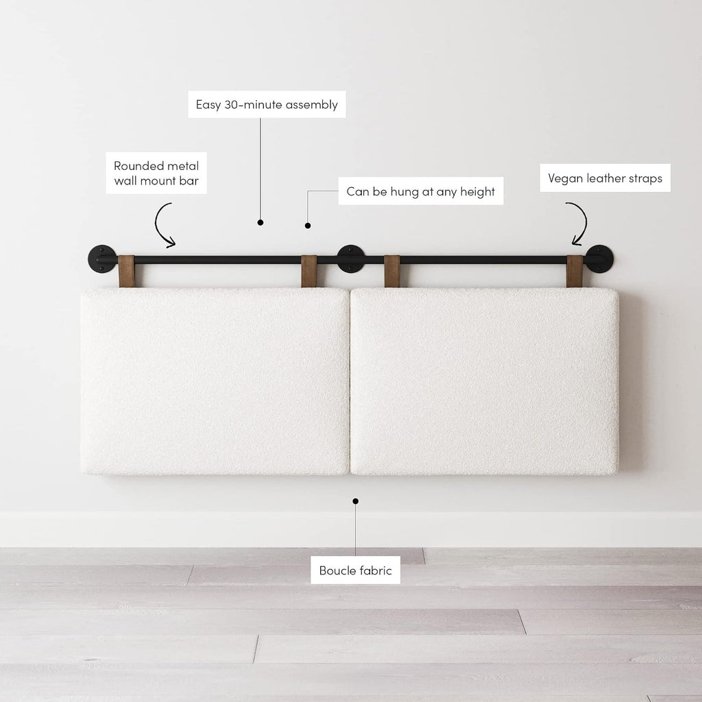 Nathan James Charlie Wall Mount Hanging Upholstered Headboard, Queen, White Boucle with Brown Faux Leather Straps