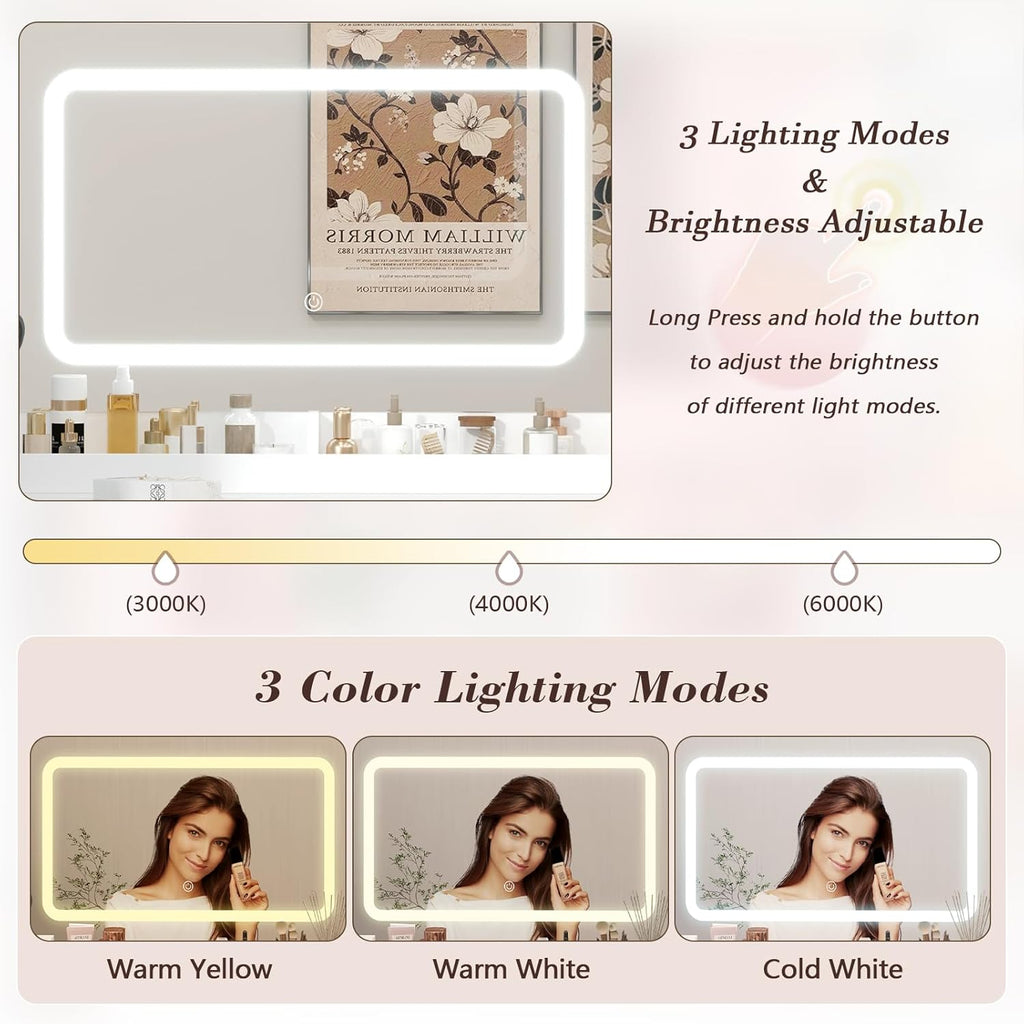 L-Shaped Corner Vanity Desk with LED Lighted Mirror & Charging Station, White Makeup Vanity with 6 Drawers & Sliding RGB Cabinet, Large Farmhouse Dressing Table with Open Storage Shelves for Women