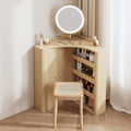 Vanity Desk with Mirror and Lights Corner Makeup Desk Wooden Makeup Desk with Stool Bedroom Vanity Table 3 Color Lighting Modes for Girls Women Bedroom Dressing Room.，Wood Color 60x40x78cm