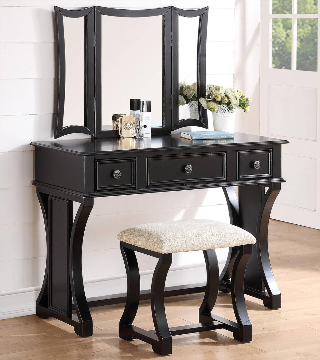 Poundex Bobkona Edna Vanity Set with Stool, Black