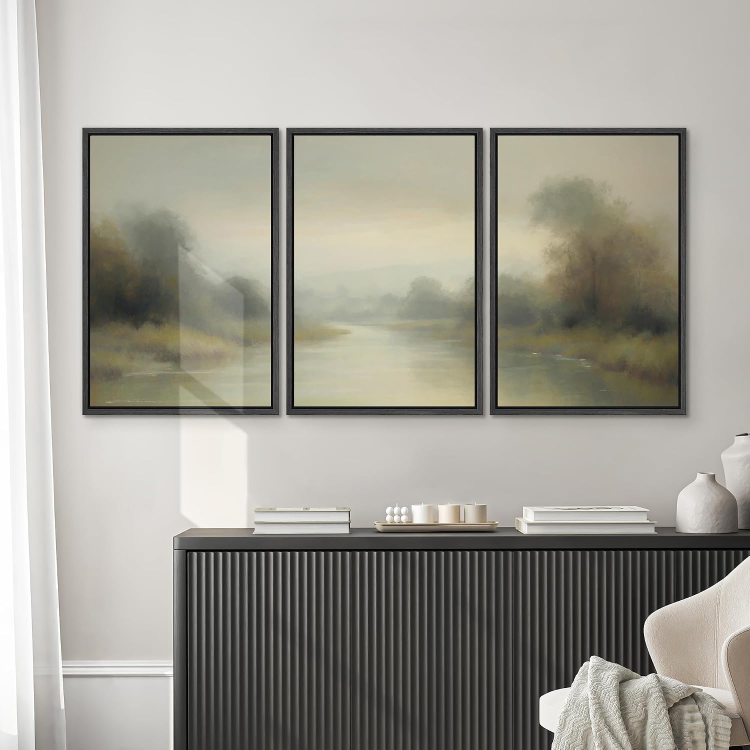 SIGNWIN Framed Wall Art Print Set Misty River Landscape Soft Neutral Nature Scene Photography Modern Art Closeup Relax/Calm Dark for Living Room, Bedroom, Office - 24'x36'x3 Black