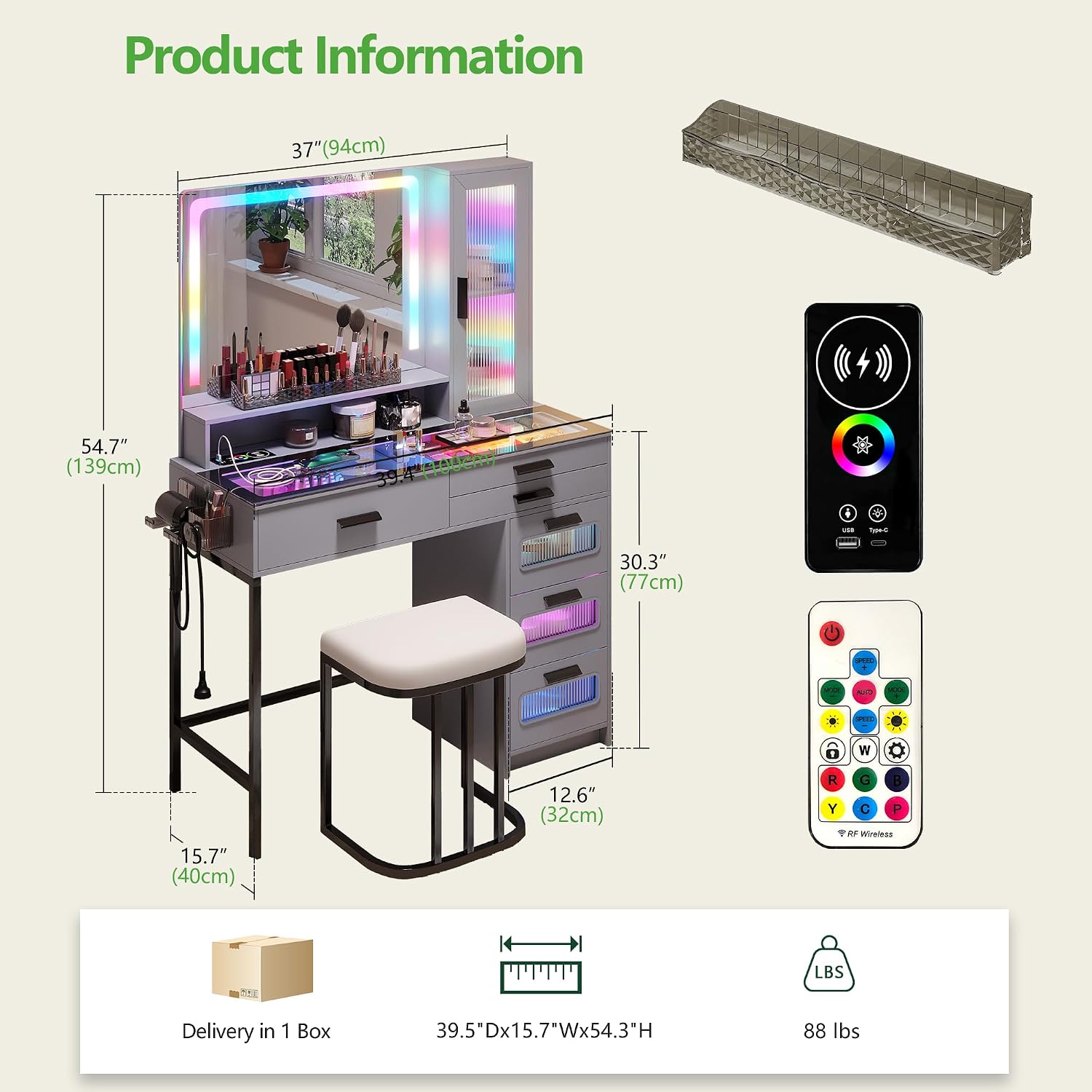 HENBC Vanity with Mirror and LED Lights, Glass Top Vanity Desk with Charging Station(Wireless+USB+Type-C), RGB Makeup Table Set with Stool/Makeup Organizer/6 Drawers for Bedroom,Grey