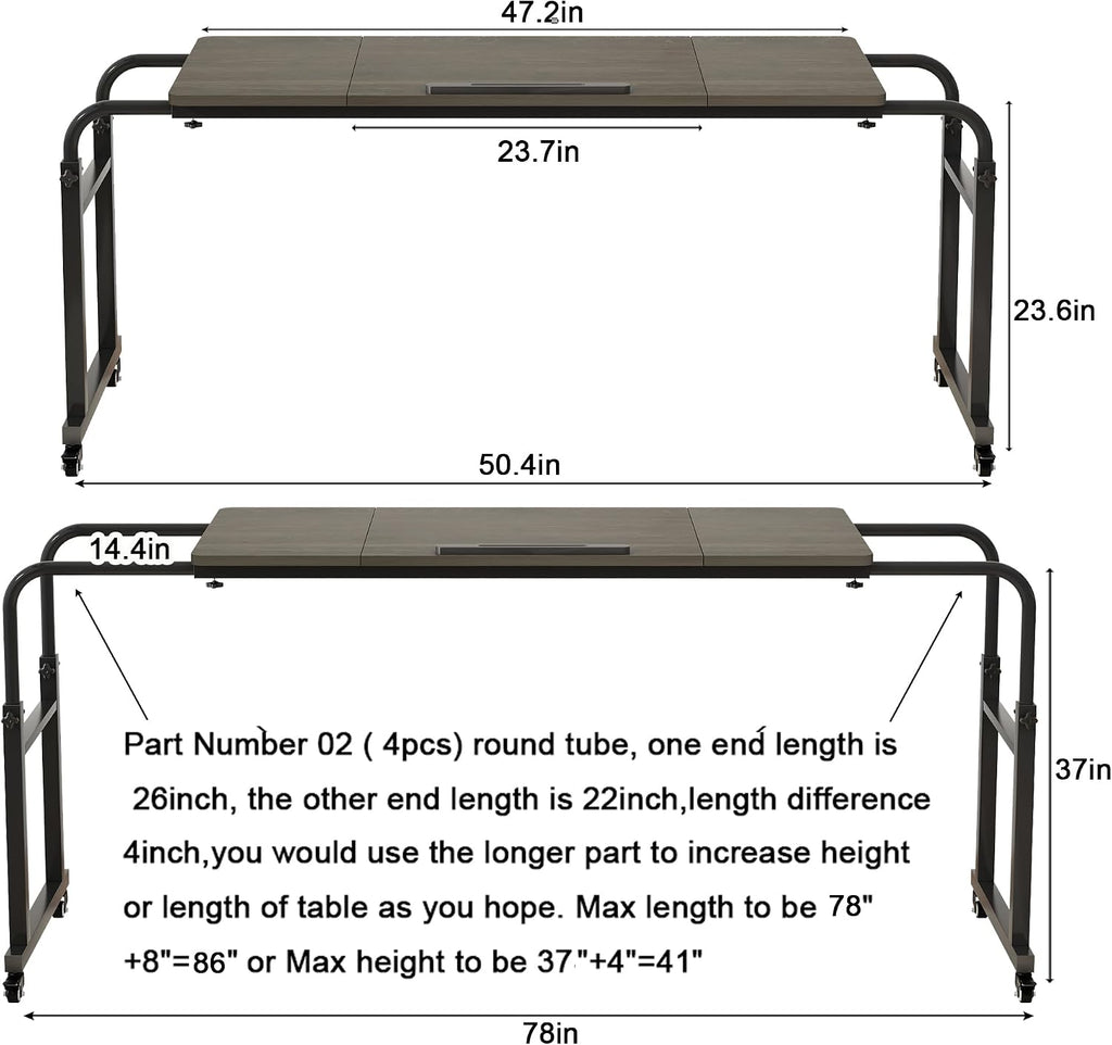 TigerDad Tilt Overbed Table with Wheels, Height Adjustable Rolling Desk for King Queen Bed, Tilting Laptop Cart Mobile Computer Workstation, Dekuwood