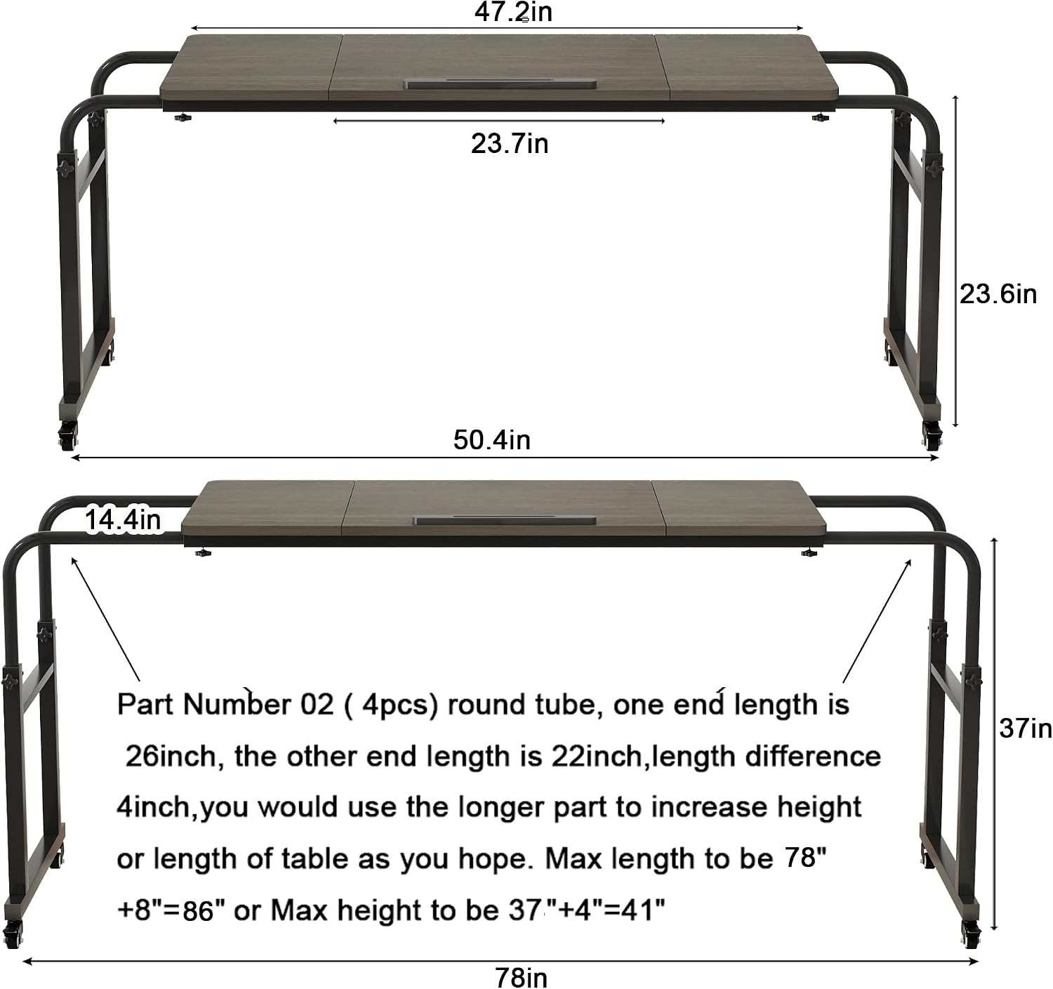TigerDad Tilt Overbed Table with Wheels, Height Adjustable Rolling Desk for King Queen Bed, Tilting Laptop Cart Mobile Computer Workstation, Dekuwood