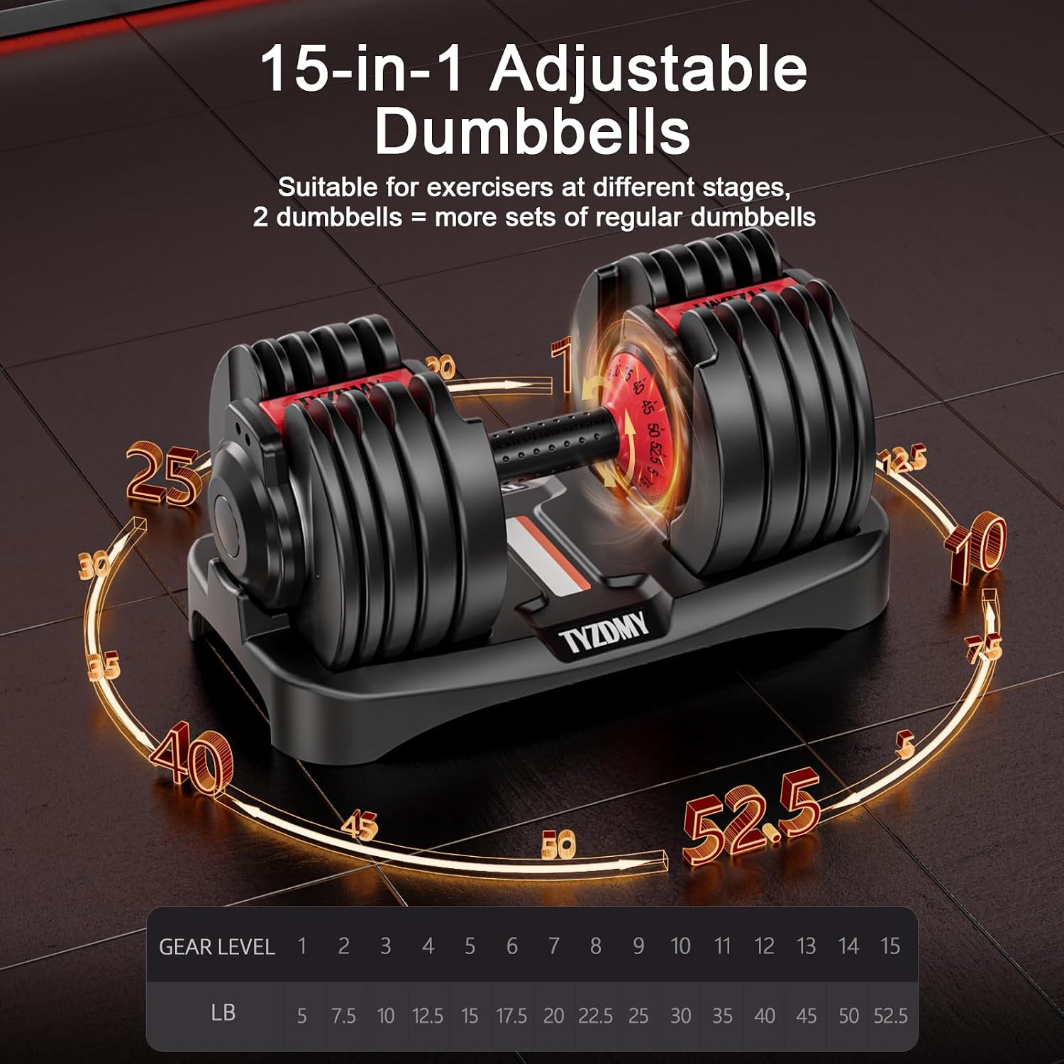 TYZDMY Adjustable Dumbbells Set of 2，Free Weights Dumbbells Set，Adjustable Dumbbell Set，52.5 lbs pair 105 lbs，15 in 1，for Men/Women Gym Equipment for Home Strength Training Equipment