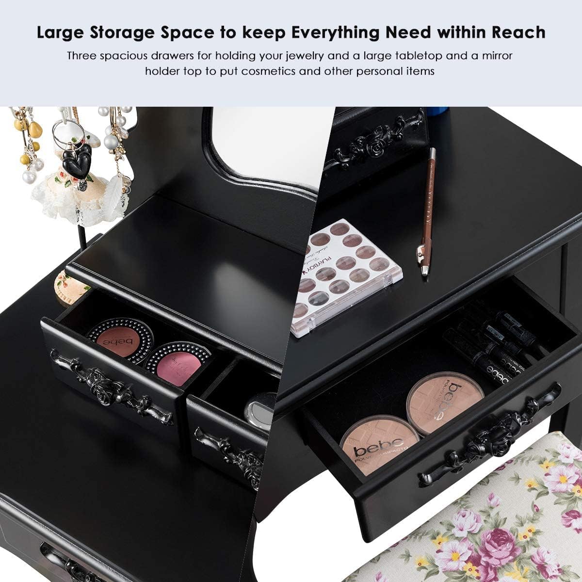LDAILY Vanity Table Set with Cushioned Stool, Makeup Table with Clear Mirror & 3 Storage Drawers, Multipurpose Writing Desk, Bedroom Bathroom Small Space Dressing Table and Bench for Girl (Black)