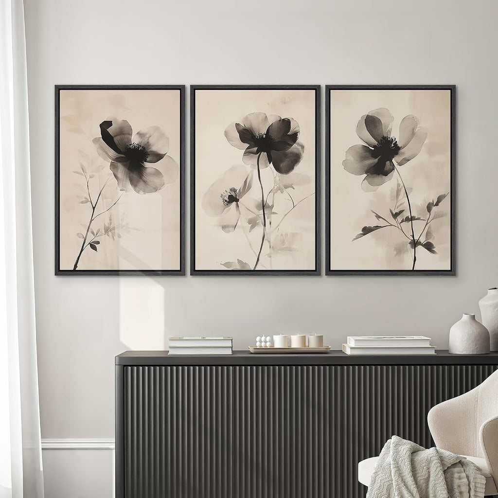 SIGNWIN Framed Canvas Print Wall Art Set Black and White Ink Flowers Minimalist Monochrome Floral Illustrations Modern Art Rustic Scenic Relax/Calm for Living Room, Bedroom, Office - 16'x24'x3 Black