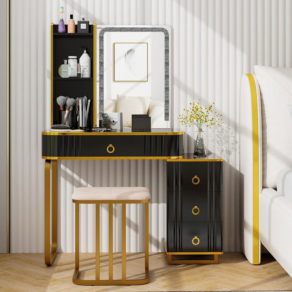 CHARMAID RBG LED Makeup Vanity Table, Colorful Lighted Mirror, 7 Dynamic & 7 Static Modes, 3-Drawer Chest, 3 Shelves, Large Drawer, Girls Vanity Desk Dressing Table with Stool