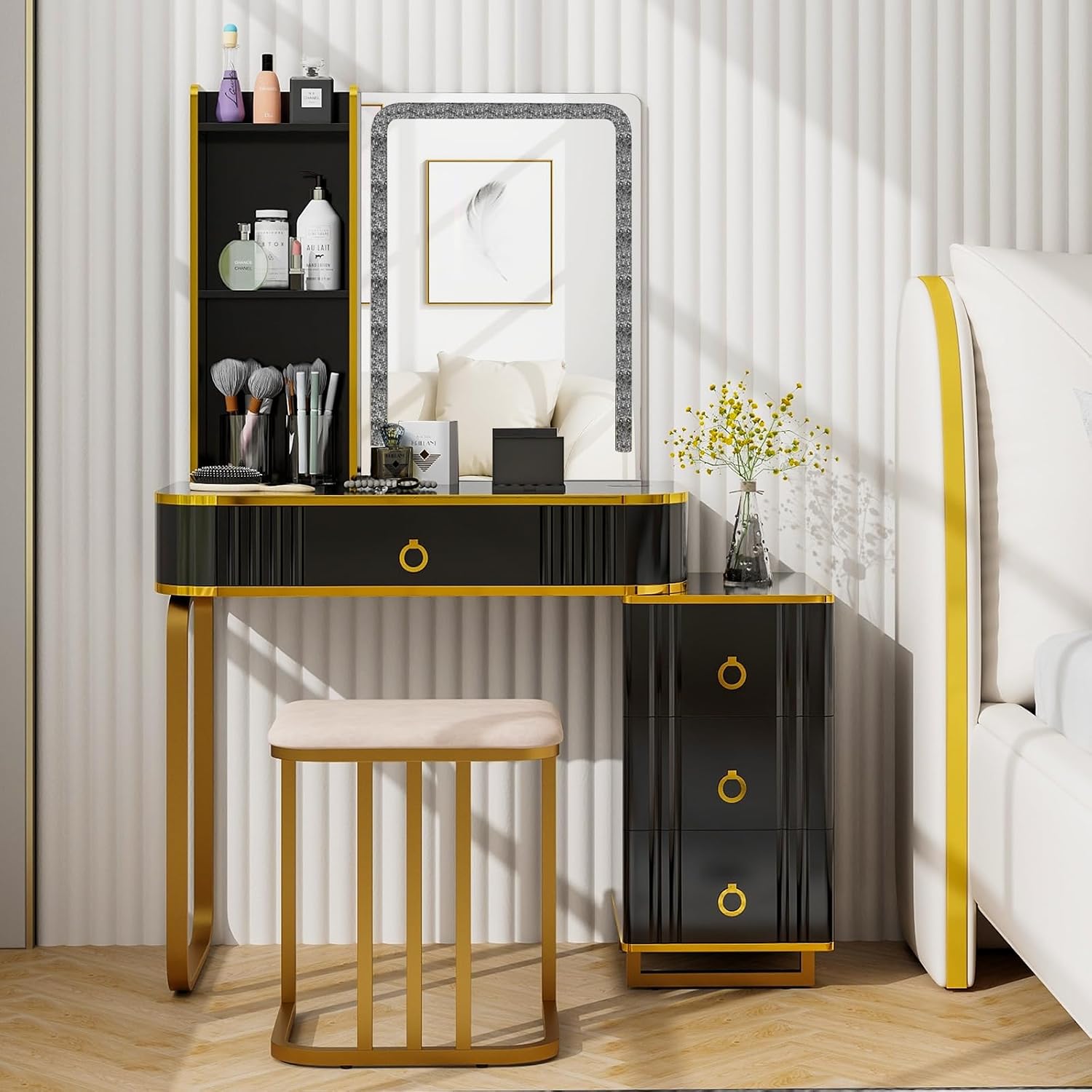 CHARMAID RBG LED Makeup Vanity Table, Colorful Lighted Mirror, 7 Dynamic & 7 Static Modes, 3-Drawer Chest, 3 Shelves, Large Drawer, Girls Vanity Desk Dressing Table with Stool