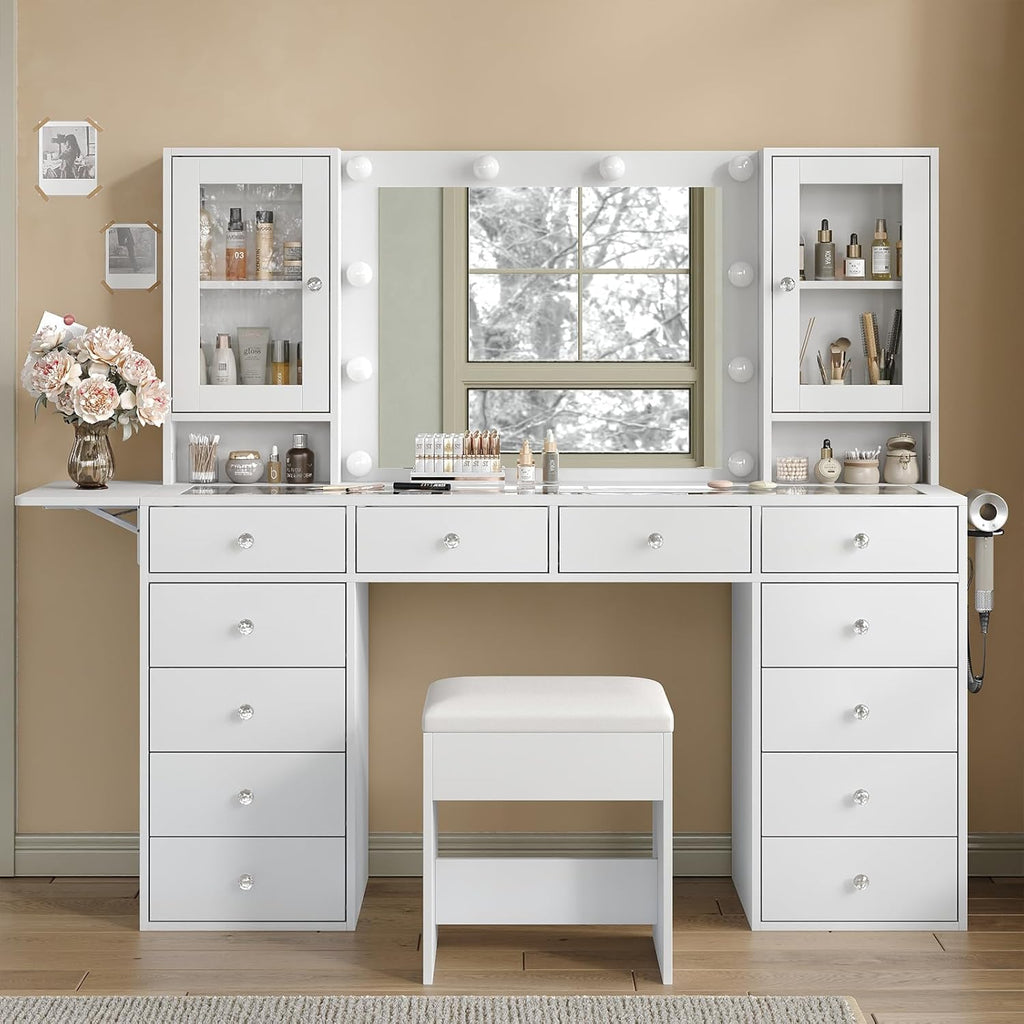 FUSOU 55'' Large Vanity Desk with Mirror and Lights, 12 Drawers Makeup Vanity with Power Olutlet, 2 Cabinets & Fold-up Panel, 3 Lighting Modes, Glass Top Vanity with Chair for Bedroom, White