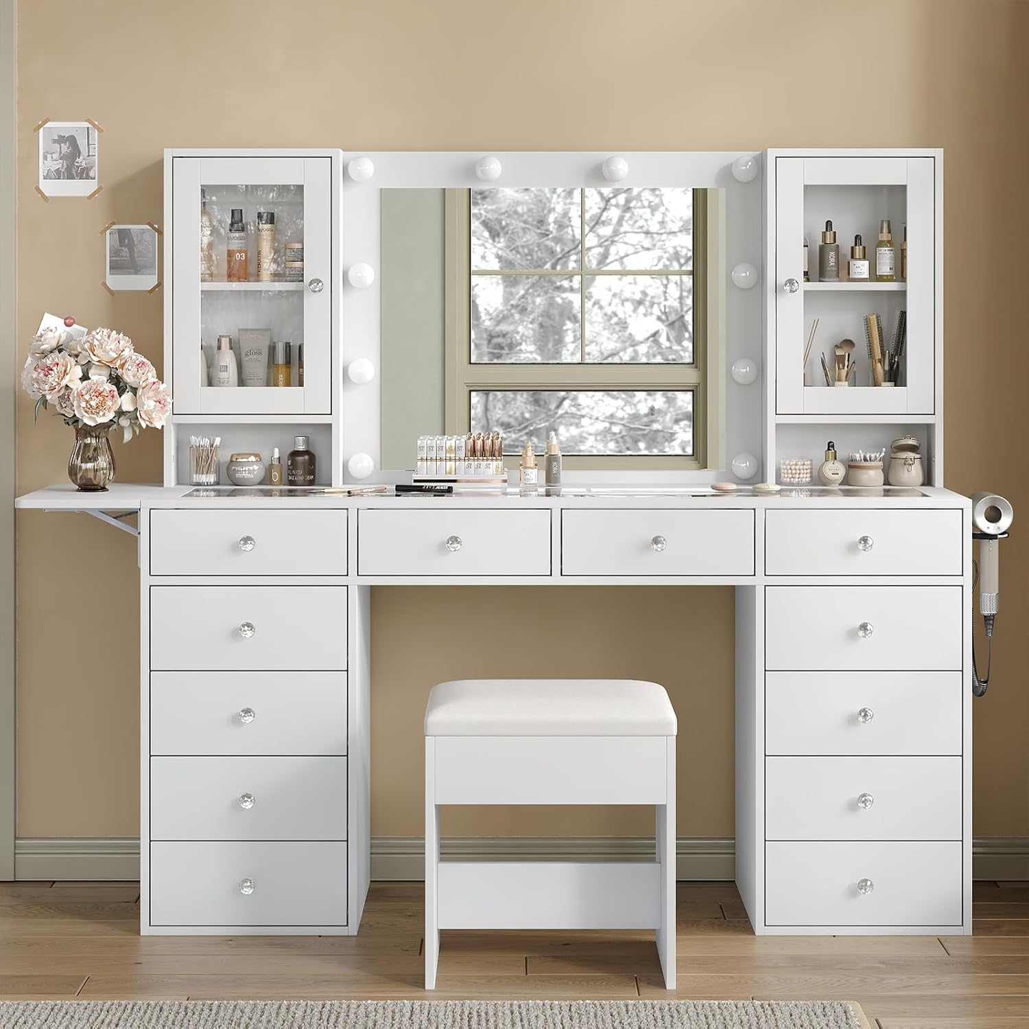 FUSOU 55'' Large Vanity Desk with Mirror and Lights, 12 Drawers Makeup Vanity with Power Olutlet, 2 Cabinets & Fold-up Panel, 3 Lighting Modes, Glass Top Vanity with Chair for Bedroom, White