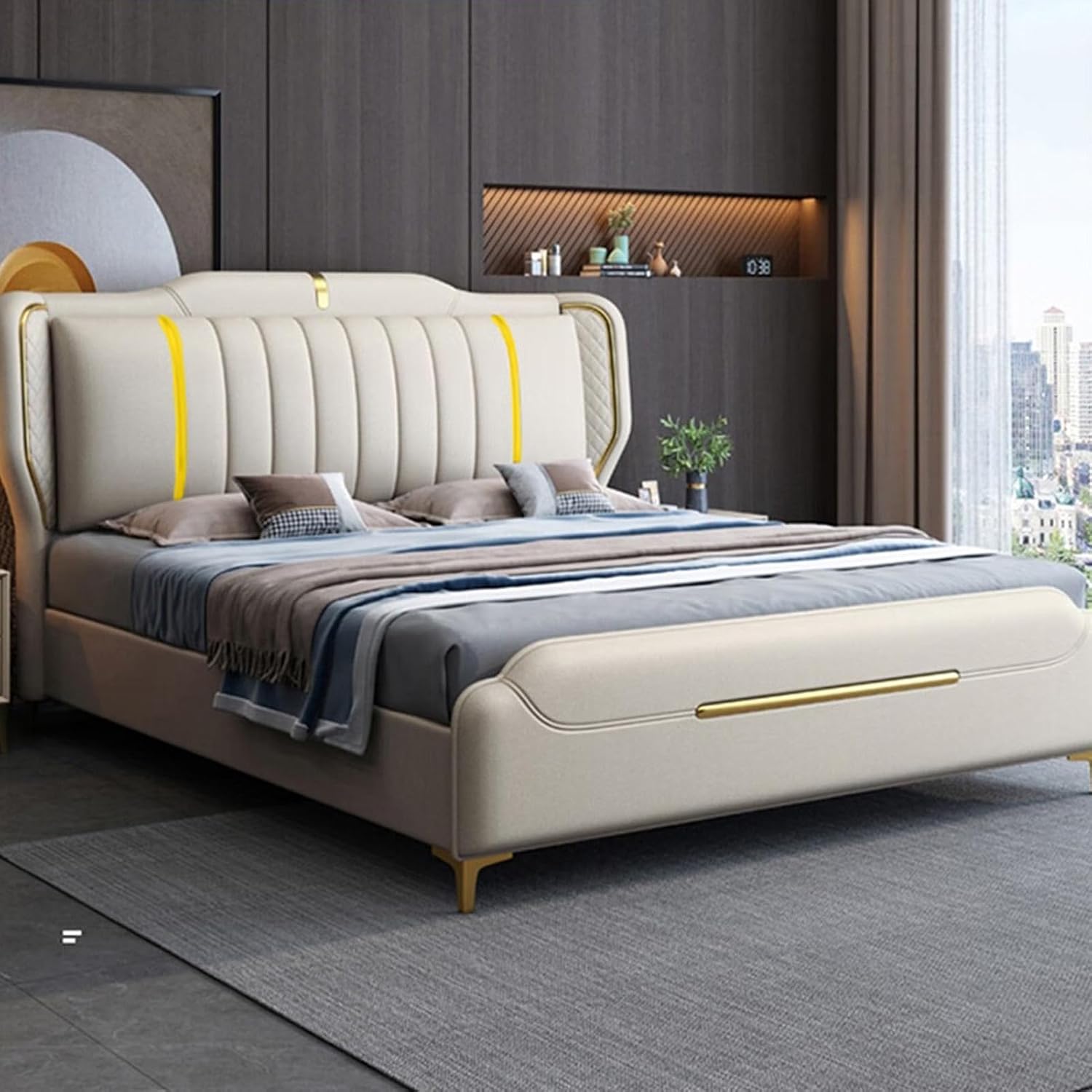 White Luxury King Size Genuine Leather Bed Set with Wingback Headboard and Storage Drawers Wooden Slats and Metal Frame Support, No Box Spring Needed Noise Free