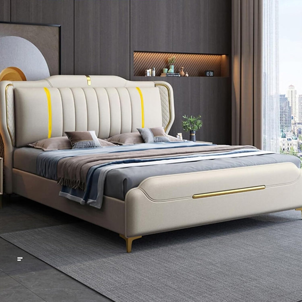 White Luxury King Size Genuine Leather Bed Set with Wingback Headboard and Storage Drawers Wooden Slats and Metal Frame Support, No Box Spring Needed Noise Free