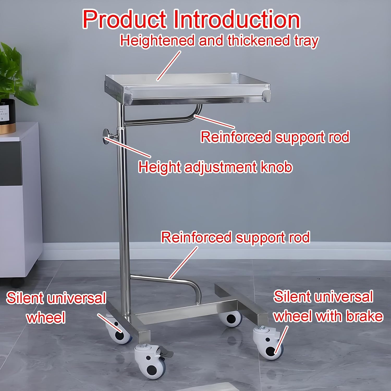 Mayo Instrument Stand with Mobile 4 Caster Base, Adjustable Height 35.4'-55', for Spa, Salon, Clinic, Personal Care(60x40x(90-140) cm)