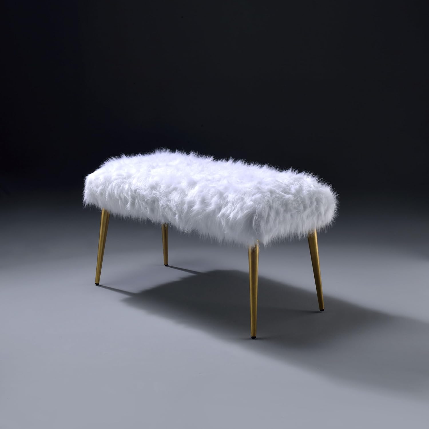 White and Gold Bench with Faux Fur Seat, 38.5-Inch Glam Entryway Bench with Straight Gold Legs, Cozy Upholstered Vanity Bench for Bedroom Living Room Hallway