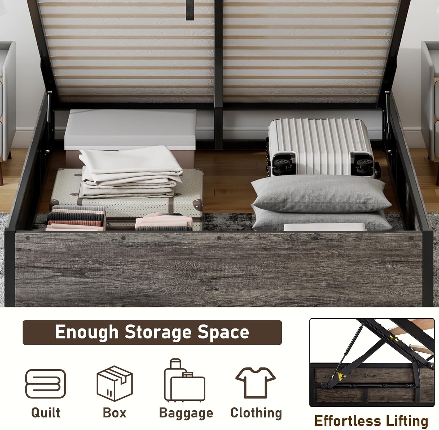 LUXOAK Full Size Lift Up Storage Platform Bed Frame, Metal Bed Frame with Wooden Slats Support, No Box Spring Needed, Large Storage Space, Noise Free, Easy Assembly, Rustic Grey