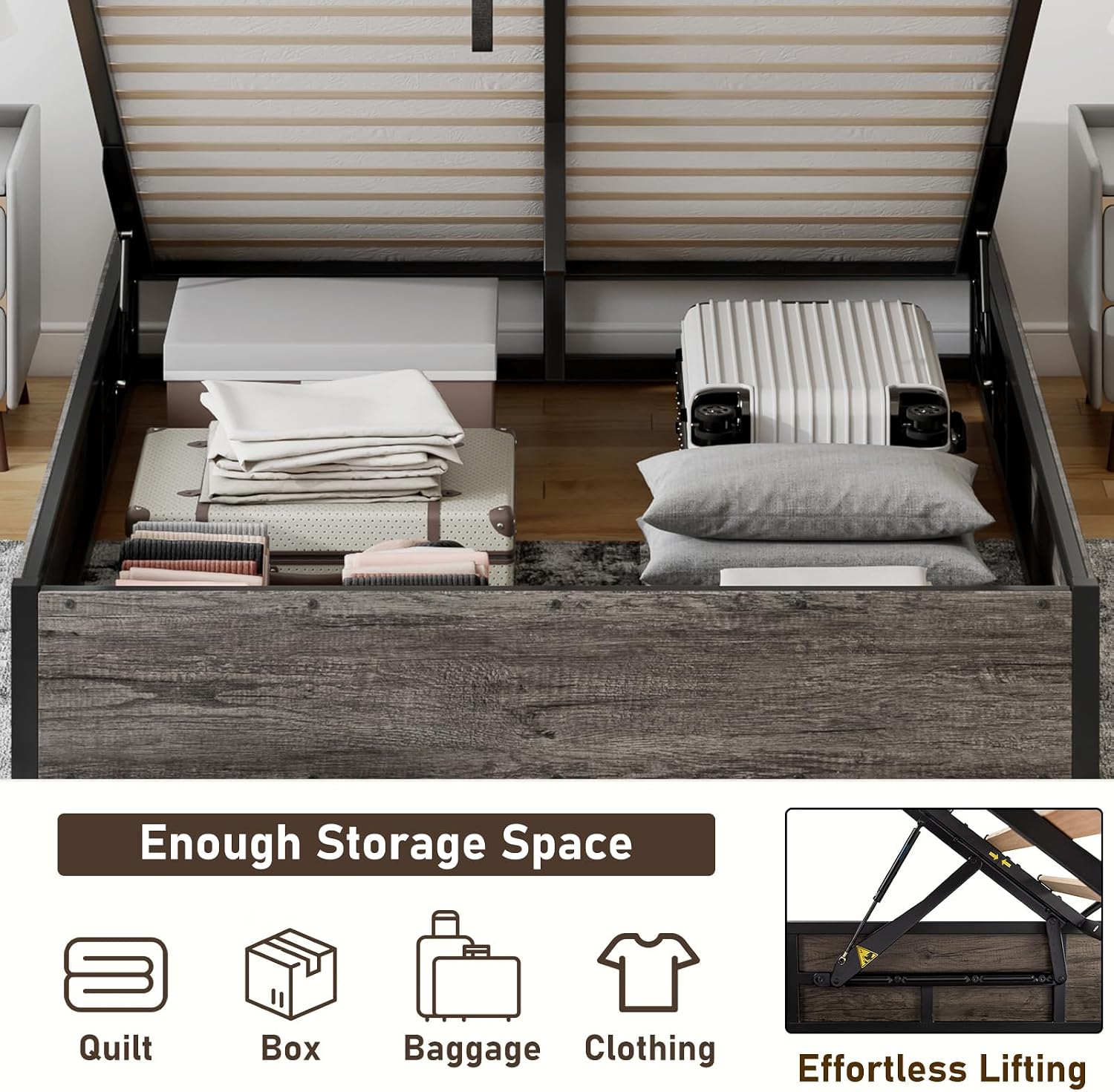 LUXOAK Queen Size Lift Up Storage Platform Bed Frame, Metal Bed Frame with Wooden Slats Support, No Box Spring Needed, Large Storage Space, Noise Free, Easy Assembly, Rustic Grey