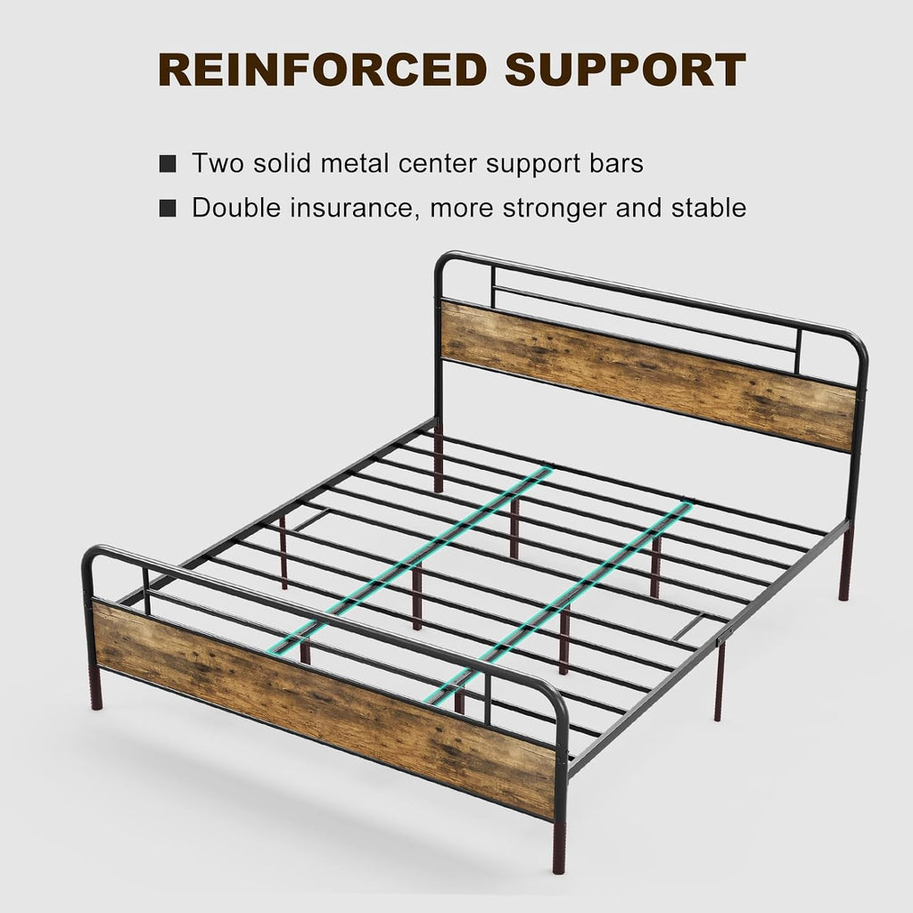 IKIFLY California King Bed Frames with Wood Headboard Footboard, Farmhouse Metal Cal King Platform Bed, Heavy Duty Steel Slats, 12' Under Bed Storage, Noise Free, No Box Spring Needed - Rustic Brown