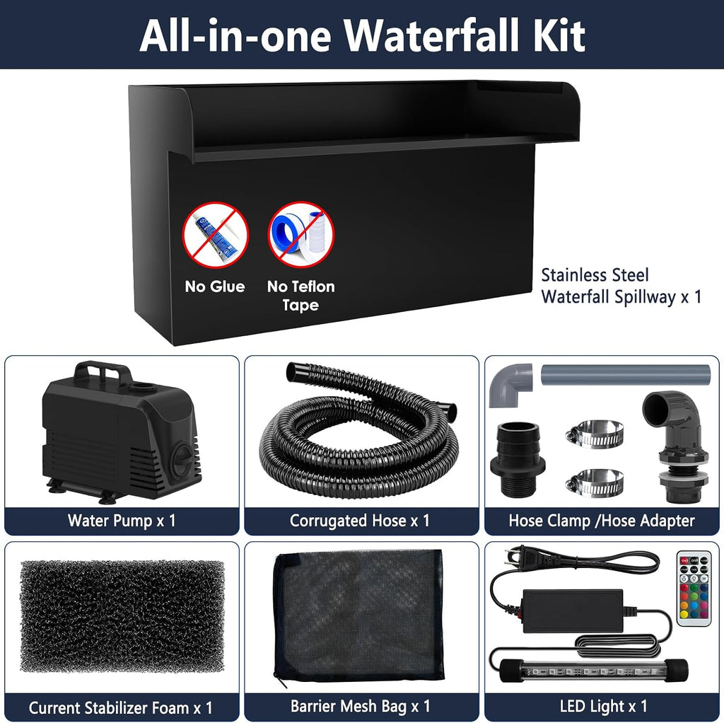 AquaMiracle Pond Waterfall Kit with LED Lights, All-in-1 Stainless Steel Spillway with 800GPH Water Pump, Outdoor Waterfall Fountain for Garden, Backyard & Pool Decor (18inch)