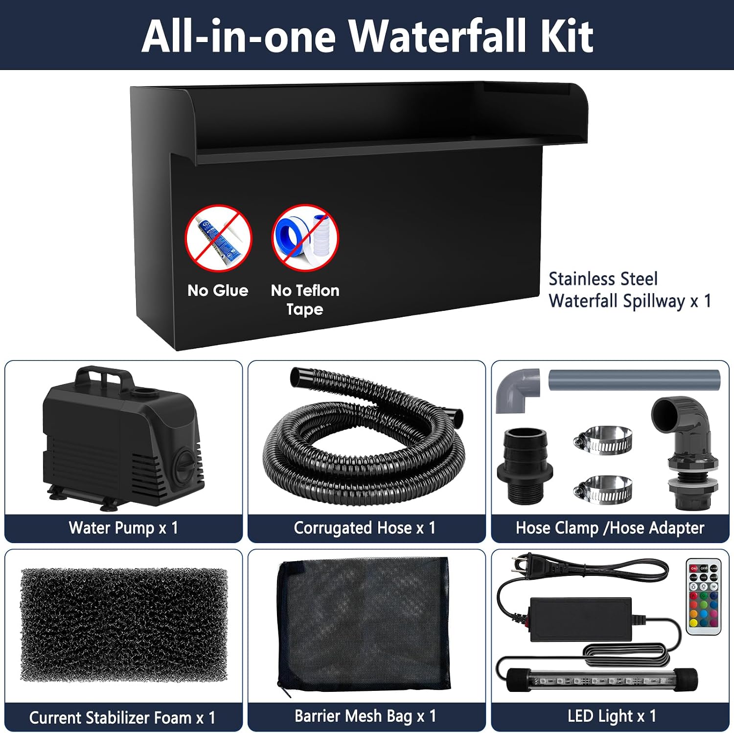 AquaMiracle Pond Waterfall Kit with LED Lights, All-in-1 Stainless Steel Spillway with 800GPH Water Pump, Outdoor Waterfall Fountain for Garden, Backyard & Pool Decor (18inch)
